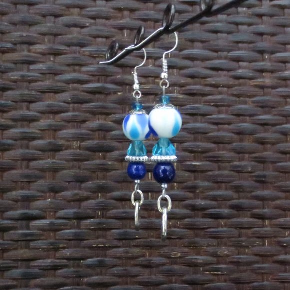 New Hand Crafted Blue & Silver "Now Here" Earrings - Picture 2 of 6